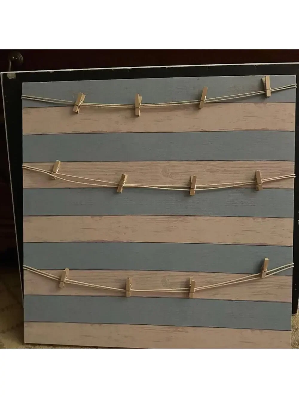 Vintage Picture frame w blue white stripe wood image backing with clothes pins